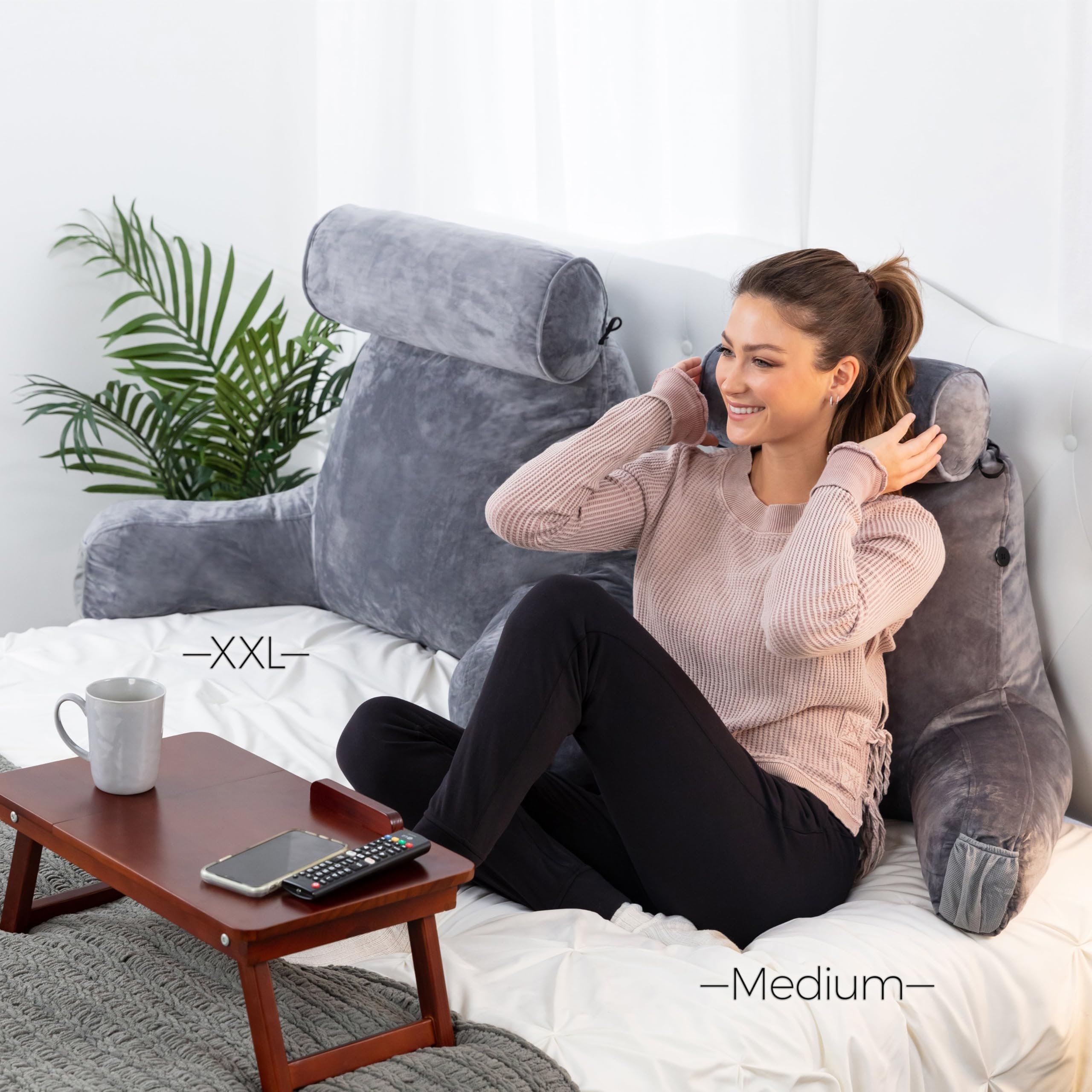 Husband Pillow in bed with person reading illustrating upright comfort