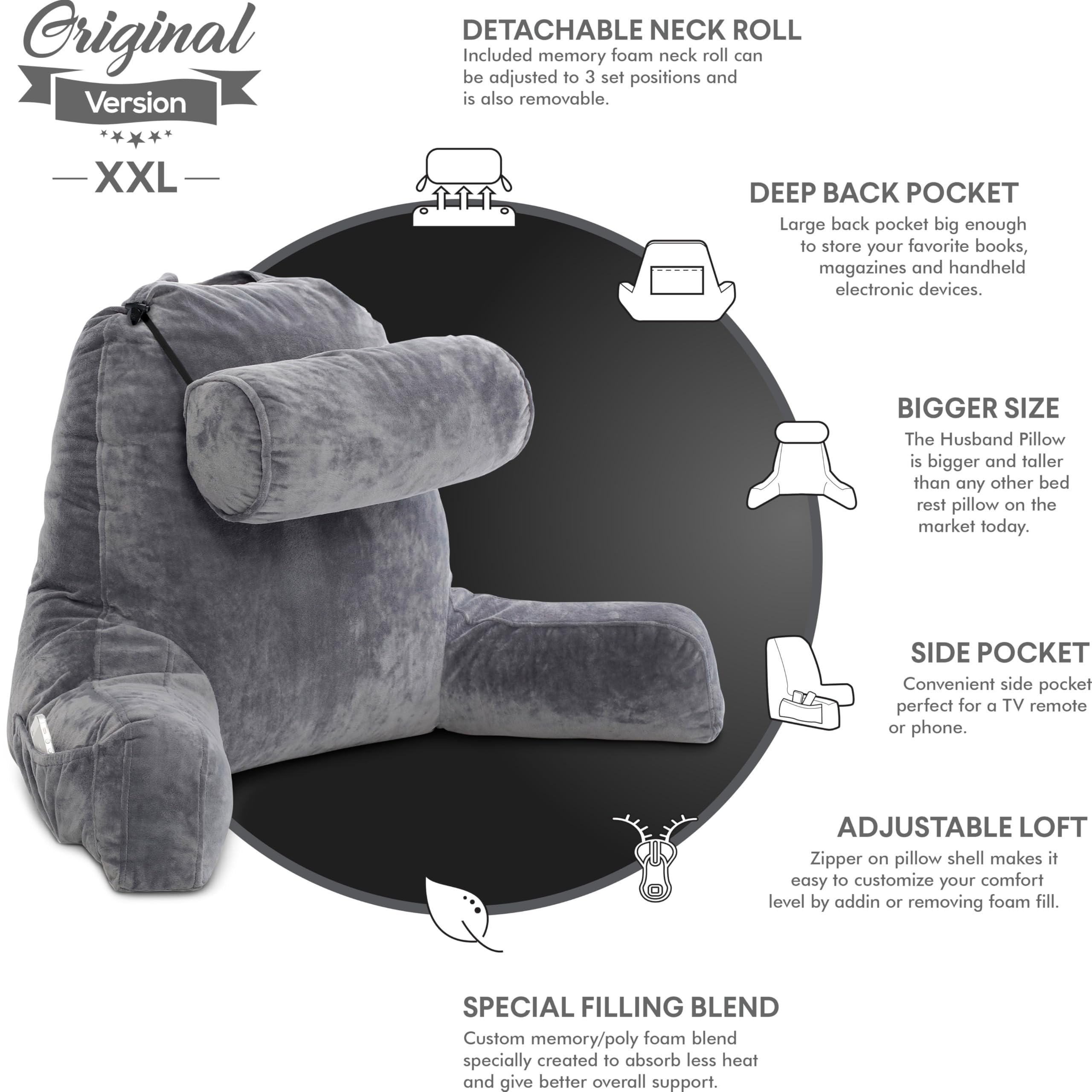 Husband Pillow pocket close-up holding a phone and remote for convenience