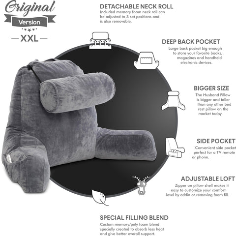 Husband Pillow pocket close-up holding a phone and remote for convenience