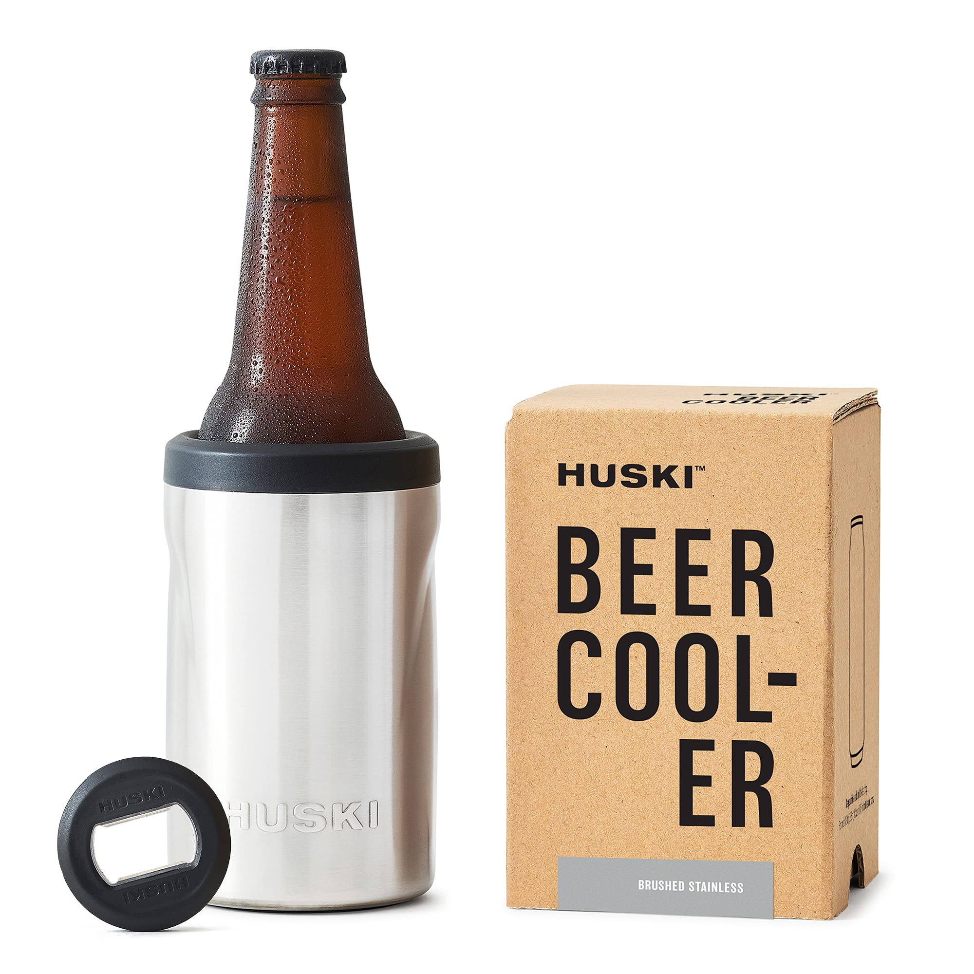 Huski beer cooler front view showing sleek stainless finish and cold retention benefit