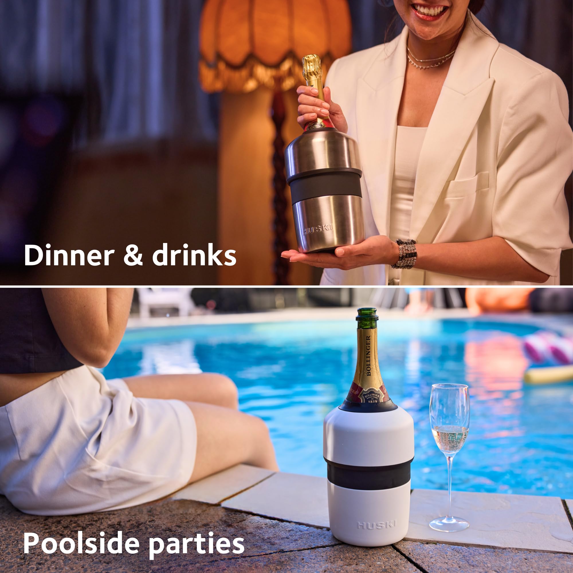 Huski chiller at a picnic keeping sparkling wine cold without ice for outdoor use