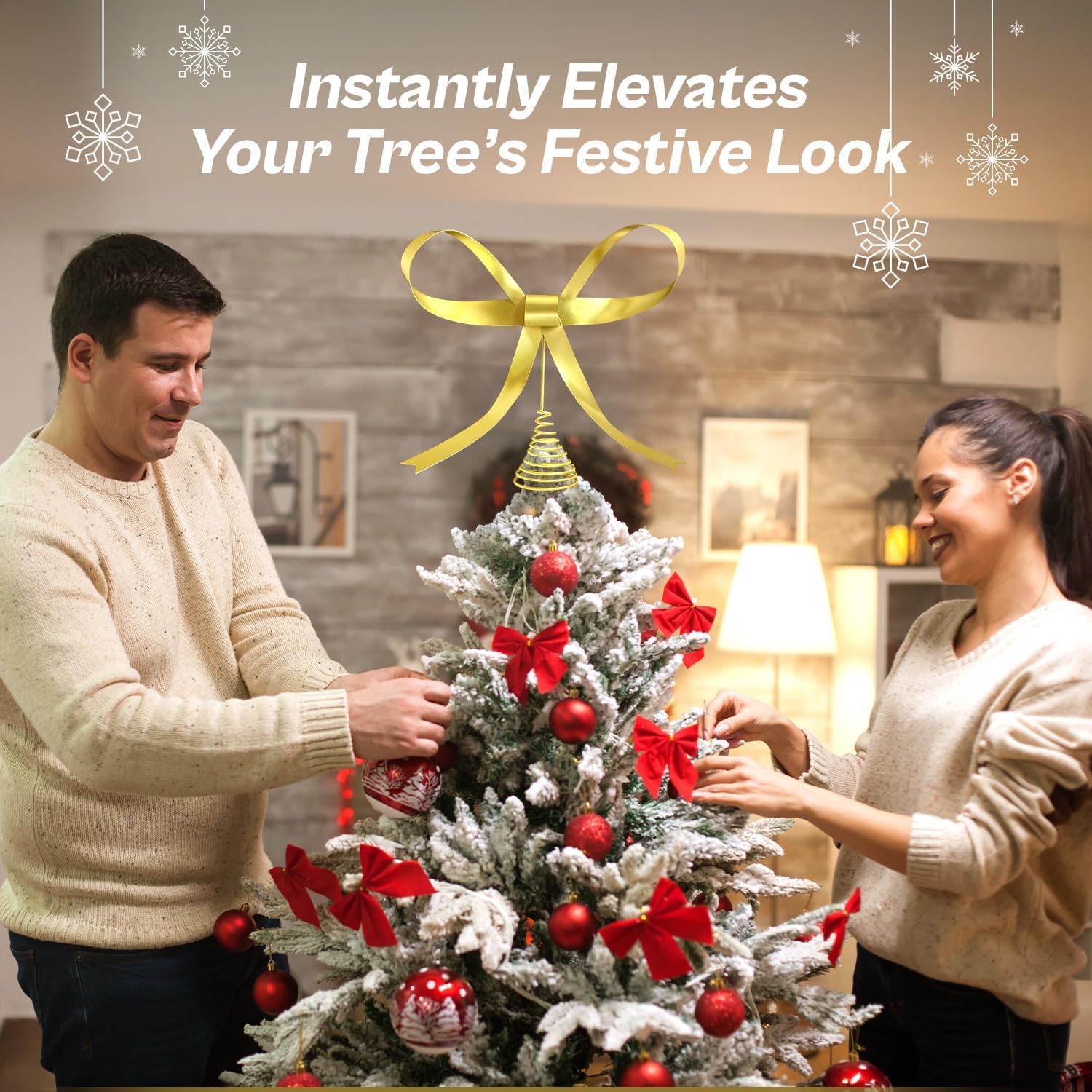 HUTHDAK bow placed on decorated tree creating a warm festive centerpiece