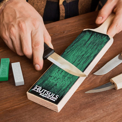 Hutsuls applied green compound detail on leather illustrating faster edge refinement