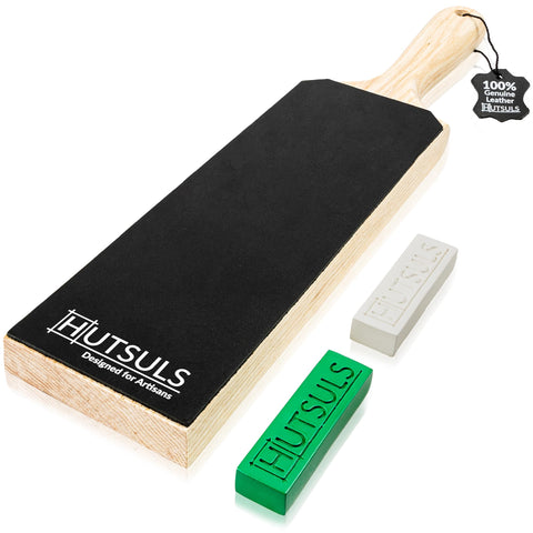Hutsuls front view paddle strop showing full 3x9 leather and handle for steady honing