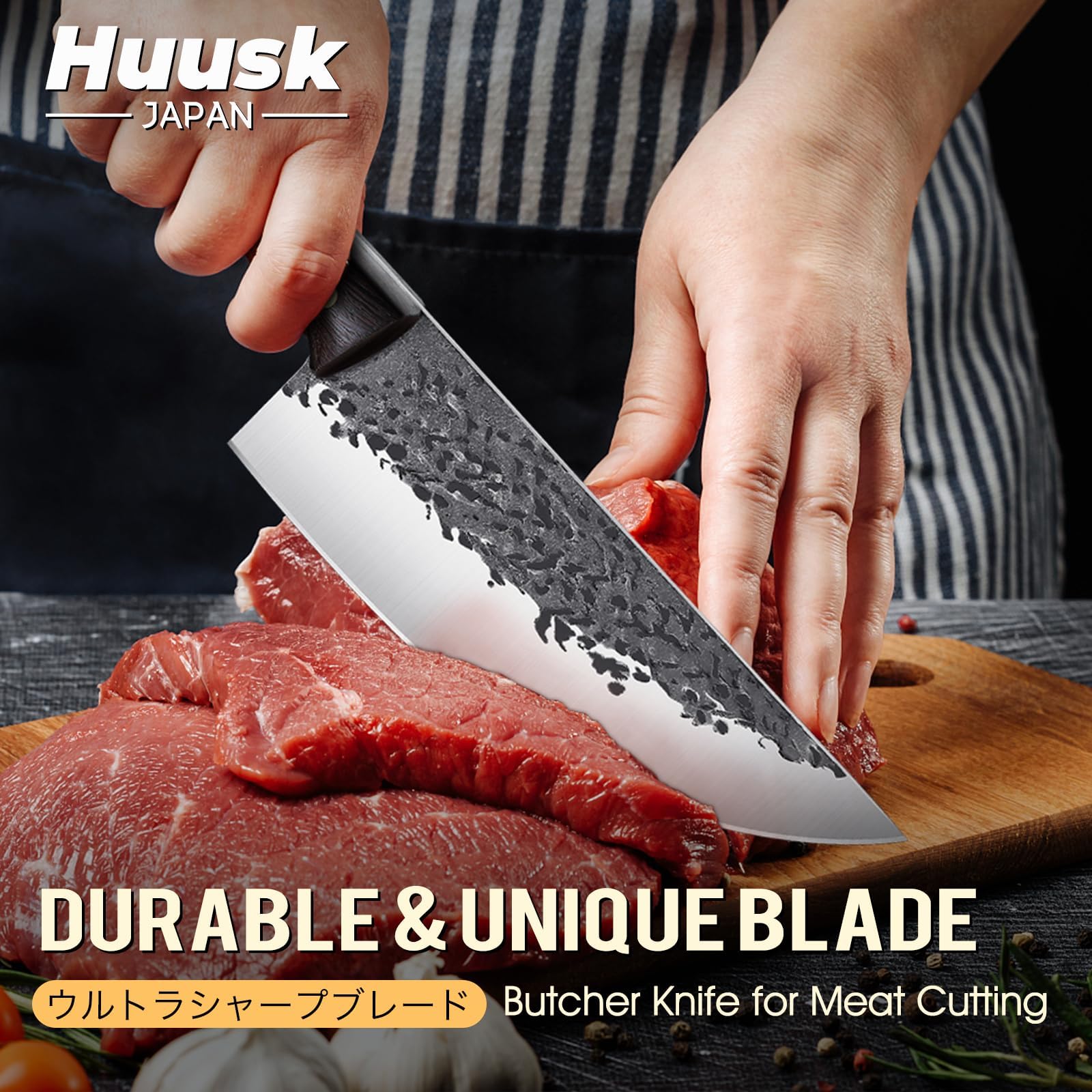 Huusk blade close-up highlighting 15° V-edge finish for clean, efficient slicing