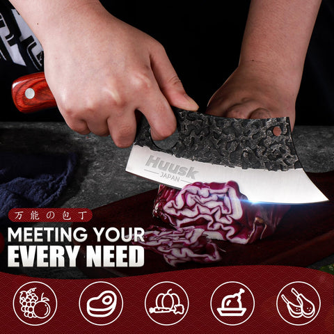Huusk butcher knife trimming steak on cutting board for controlled prep