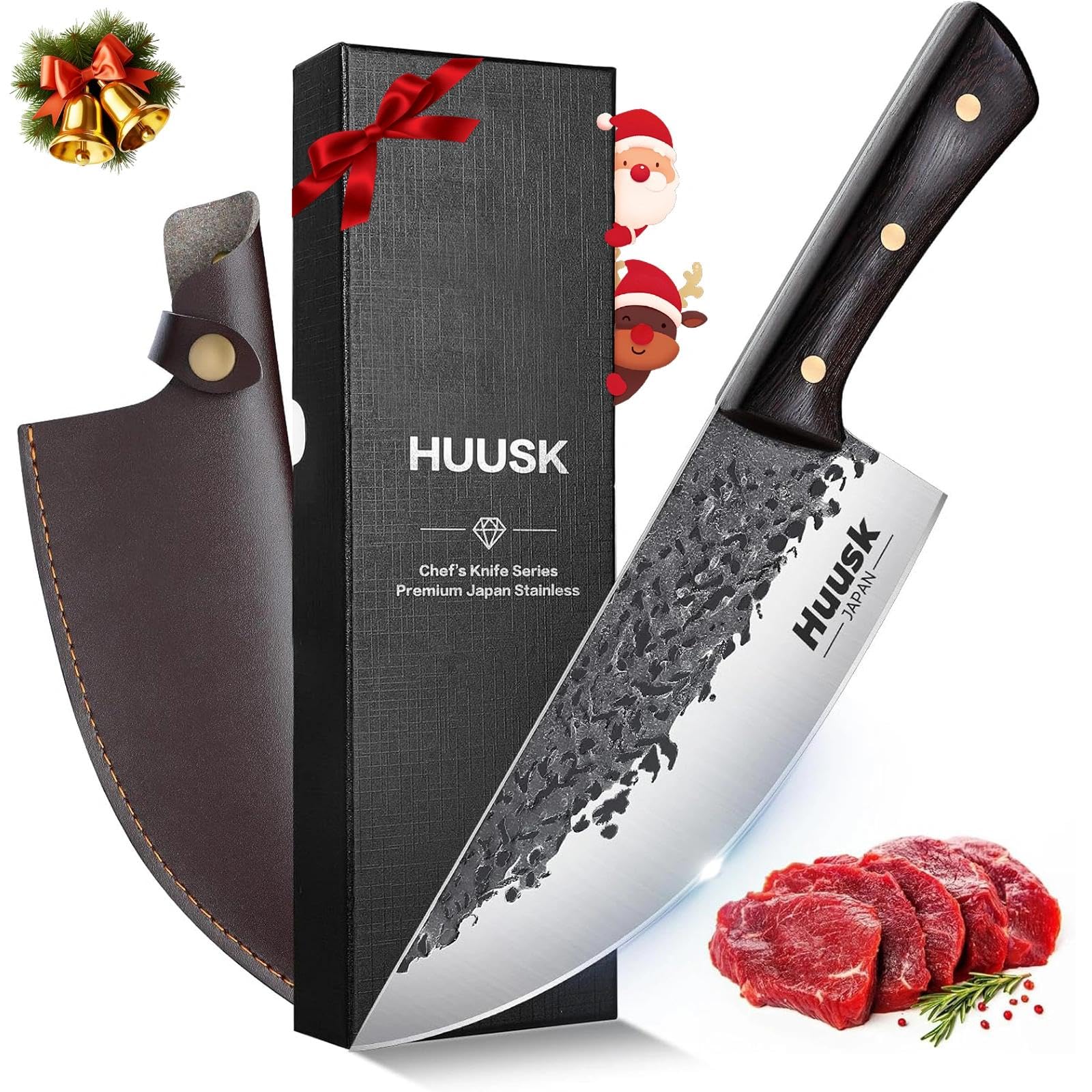 Huusk butcher knife front view showing blade and handle for precise meat cutting