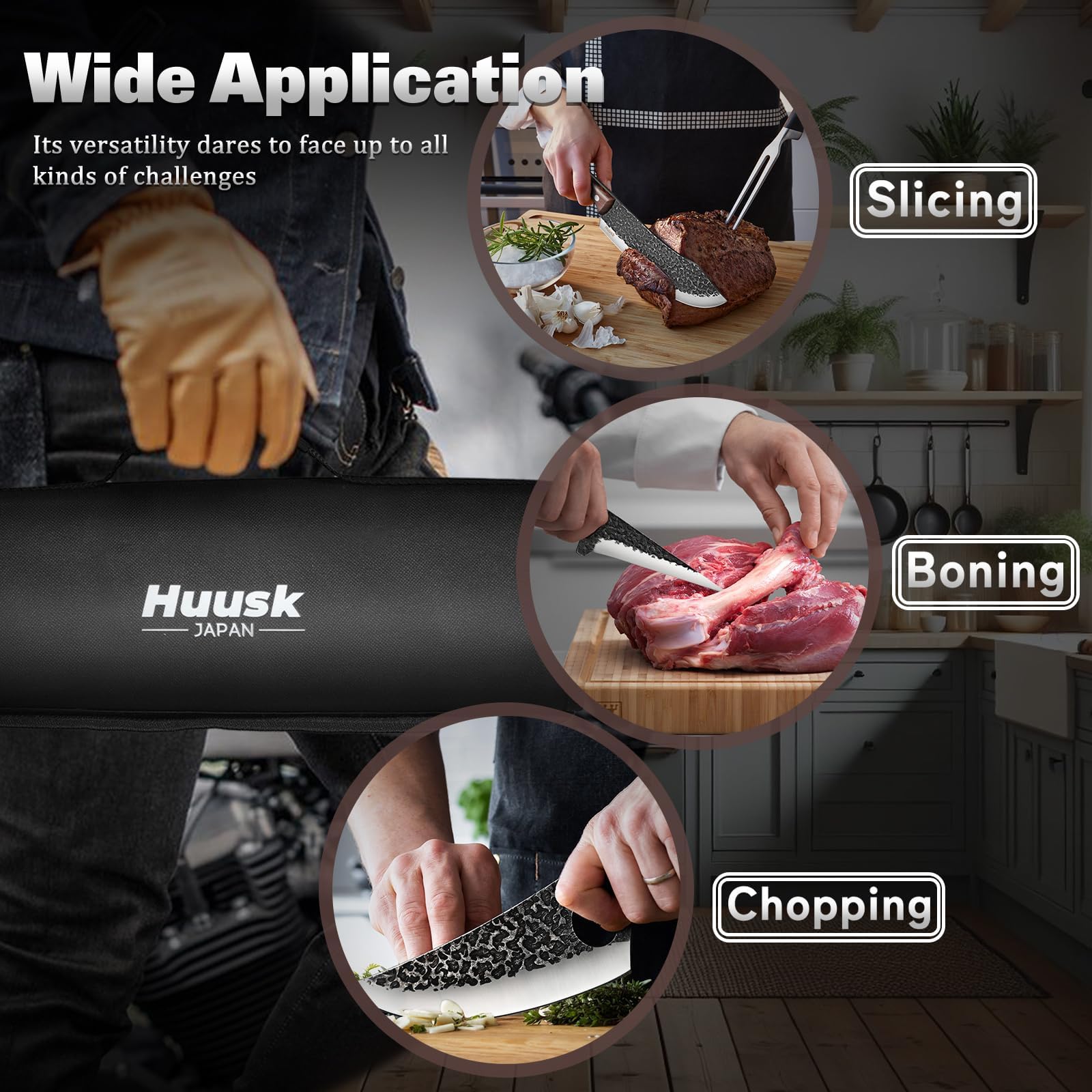 Huusk in-use image of butcher knife cutting roast to demonstrate precise control