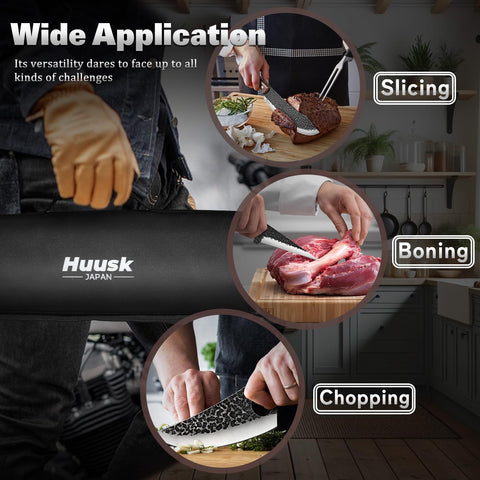 Huusk in-use image of butcher knife cutting roast to demonstrate precise control