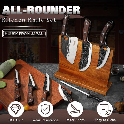 Huusk size comparison with steak to show blade scale and portioning accuracy