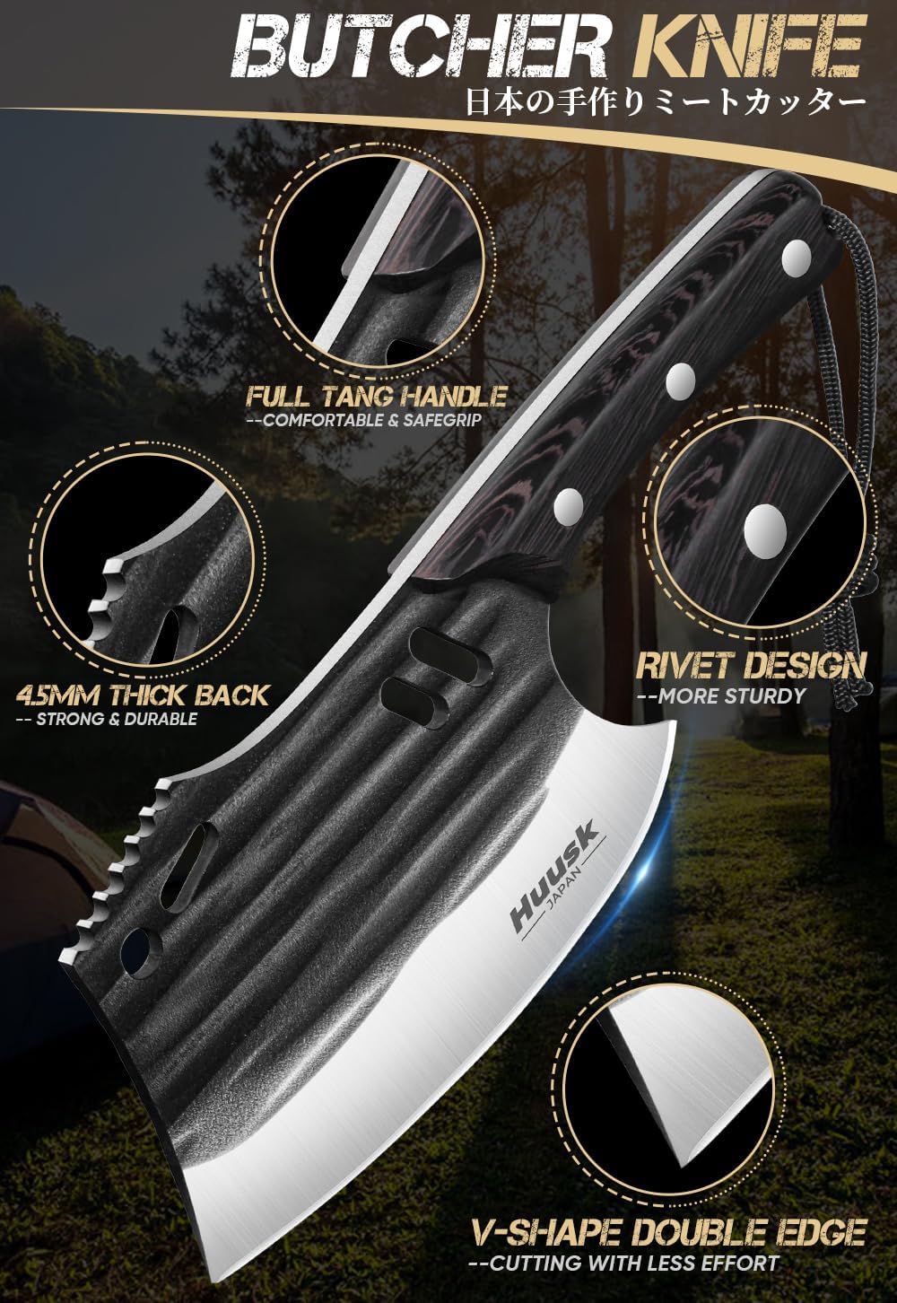 Huusk cleaver chopping bone to show power and reliable butcher performance