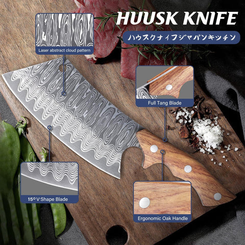 Huusk cleaver paired with leather sheath for safe transport and storage
