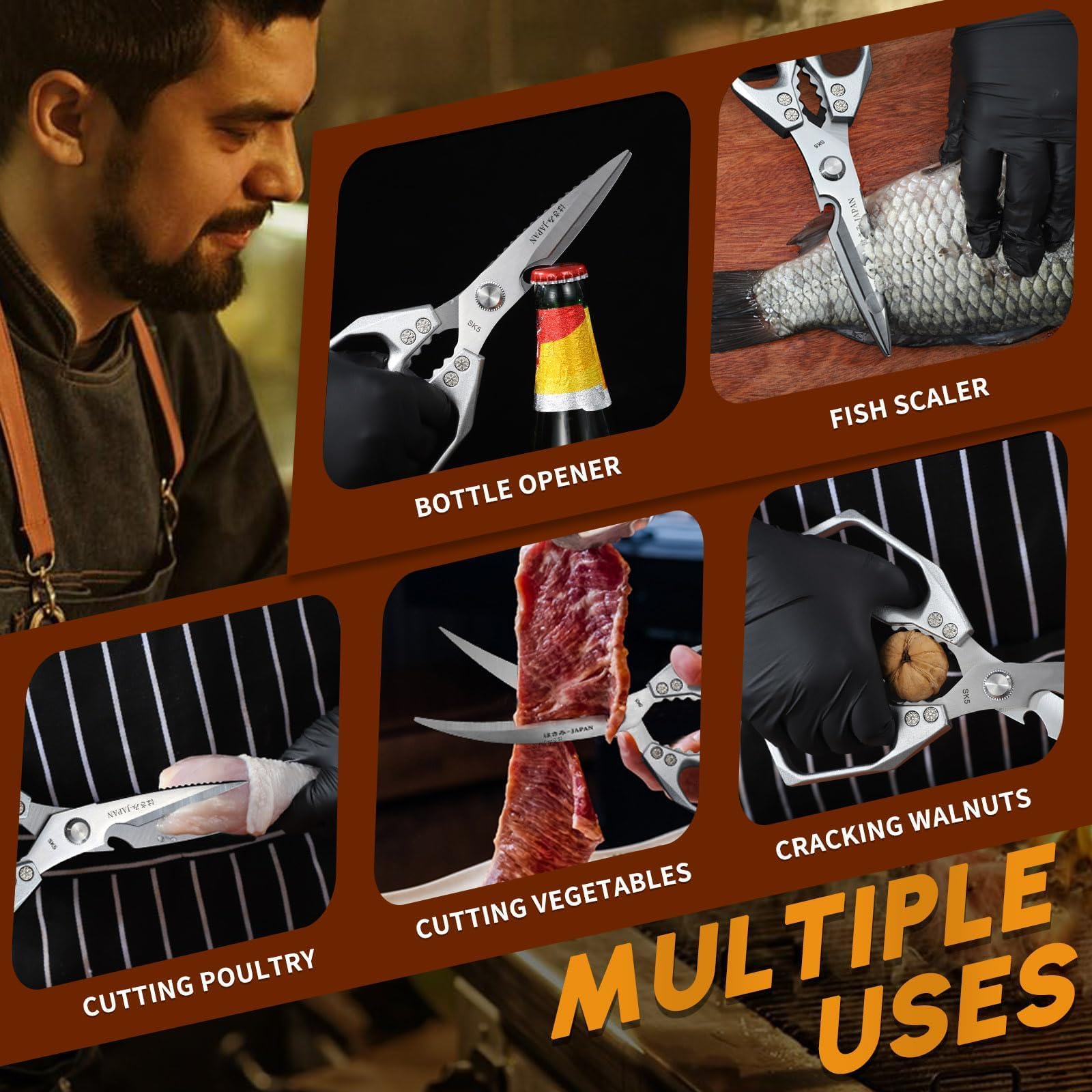 Huusk shears cutting ribs, durable blades for tough proteins benefit