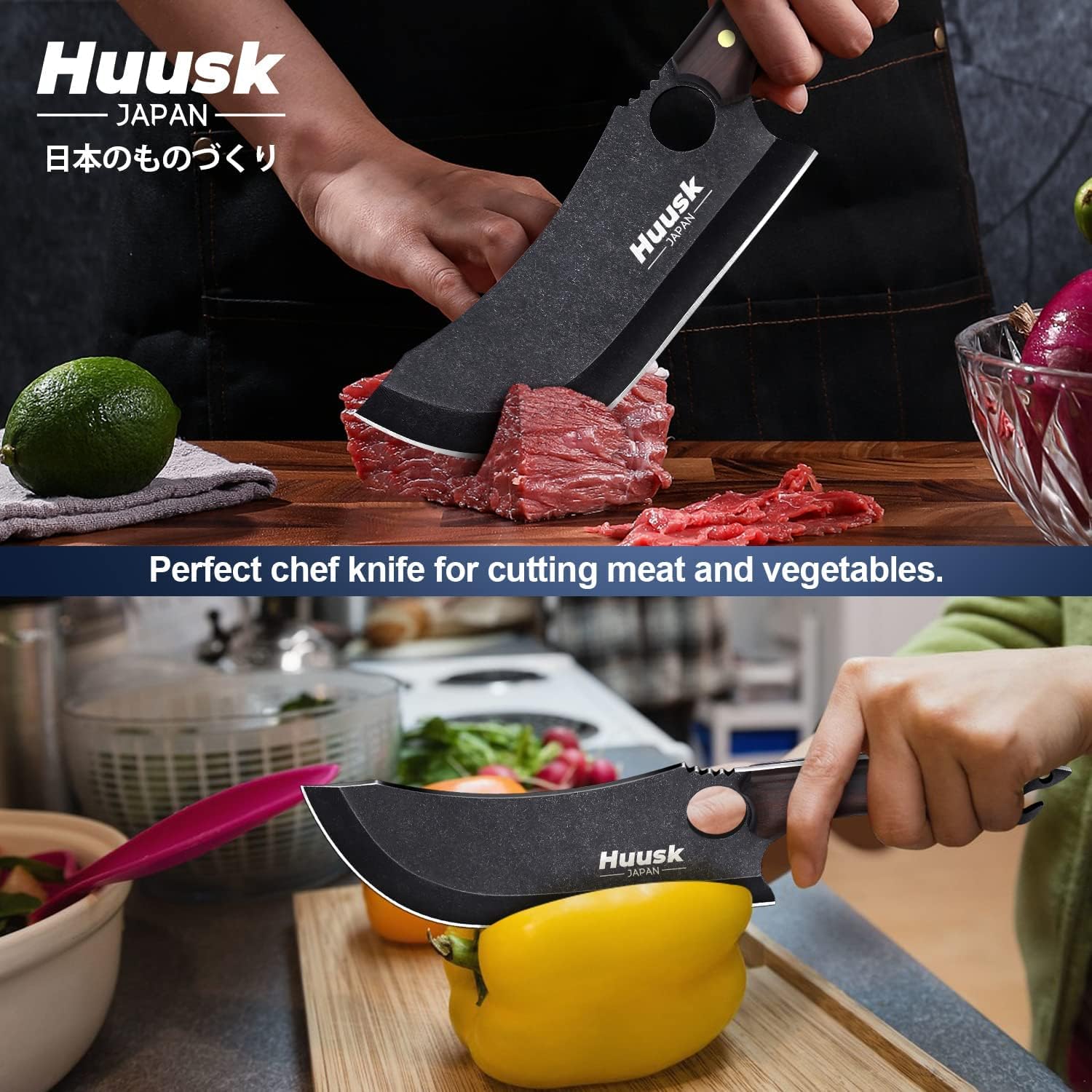 Huusk blade close-up highlighting ATS-34 edge for long-lasting sharpness
