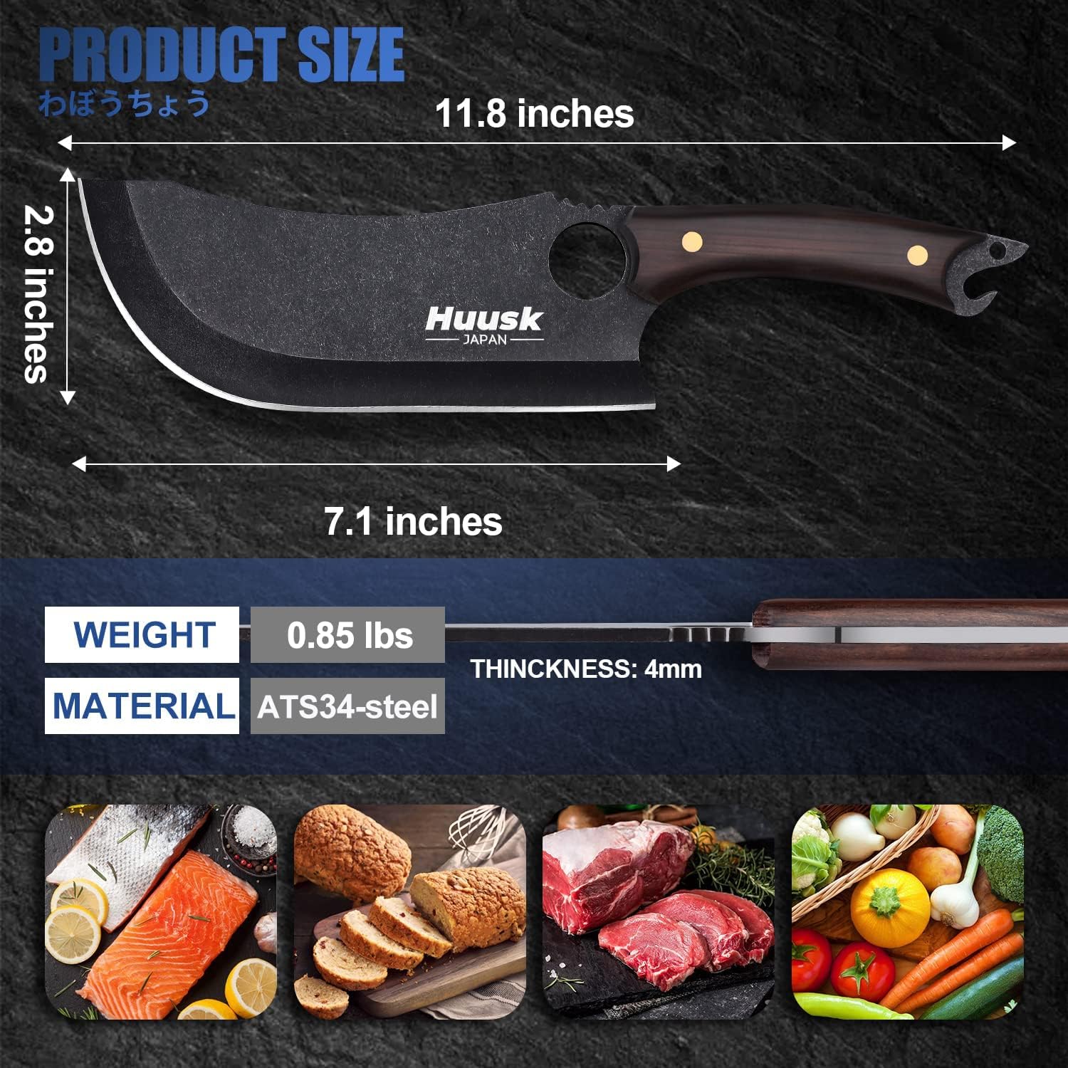 Huusk in use chopping meat showing efficient power and cutting precision
