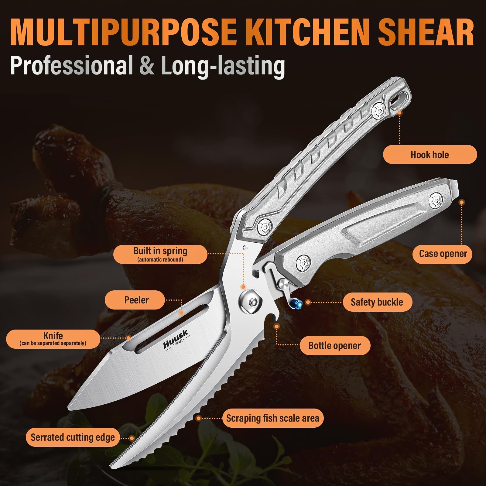 Huusk detached shears revealing removable small knife, enables easy cleaning
