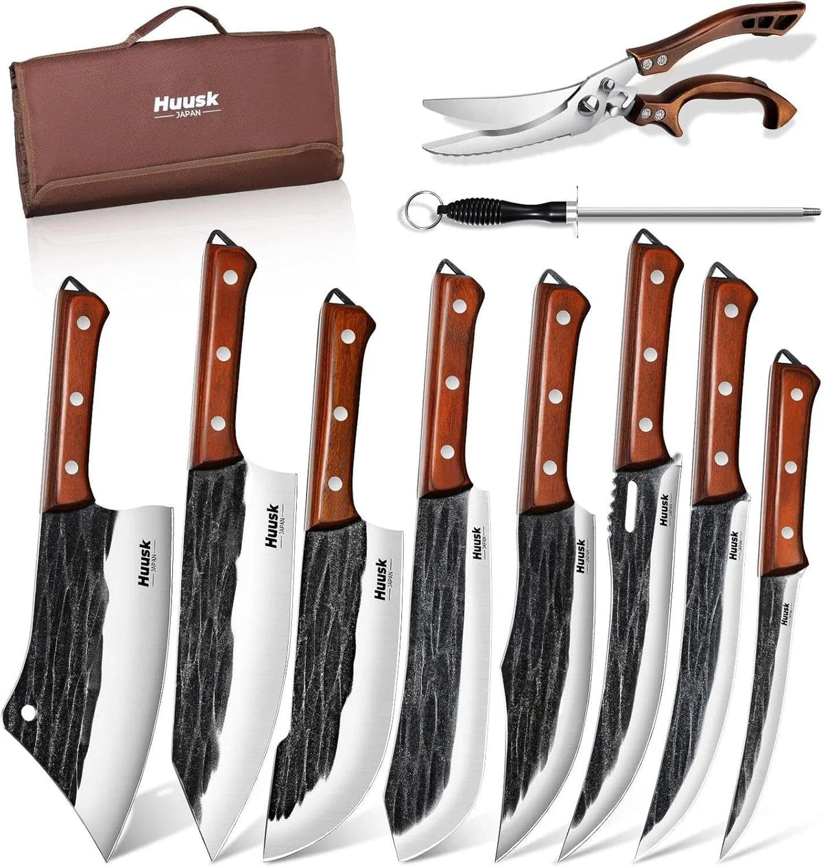 Huusk front packaging showing full 10-piece butcher knife set and bag, professional storage benefit