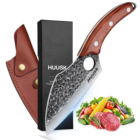 Huusk front packaging showing knife and sheath, clear product presentation and benefit