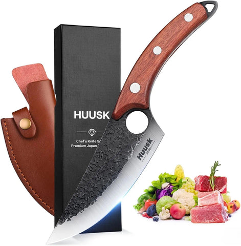 Huusk front packaging showing knife and gift box, highlights premium presentation