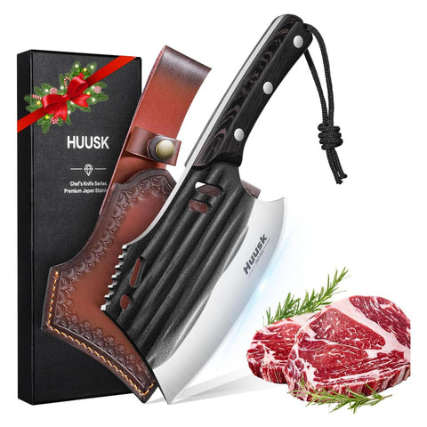 Huusk cleaver front view showing sheath and sturdy profile for secure transport