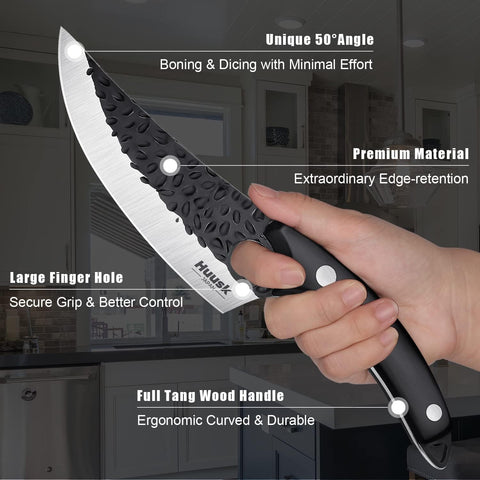 Huusk hammered blade texture reducing sticking and enabling smoother cuts