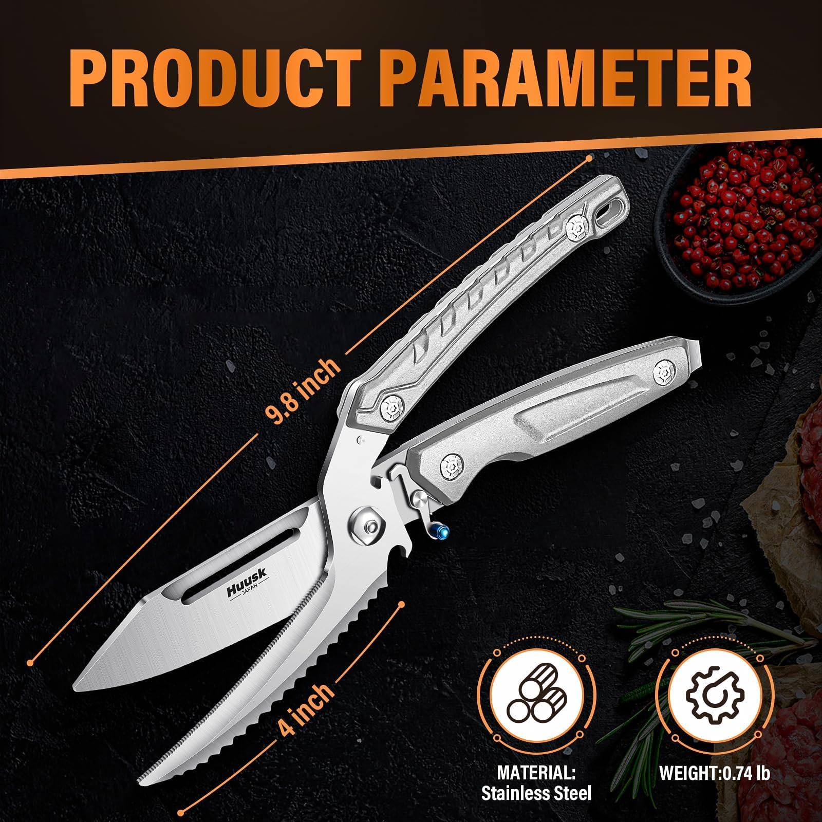 Huusk scissors cutting a chicken leg, provides efficient poultry prep