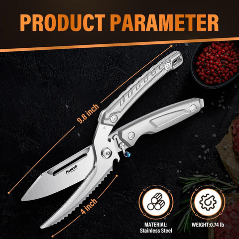 Huusk scissors cutting a chicken leg, provides efficient poultry prep