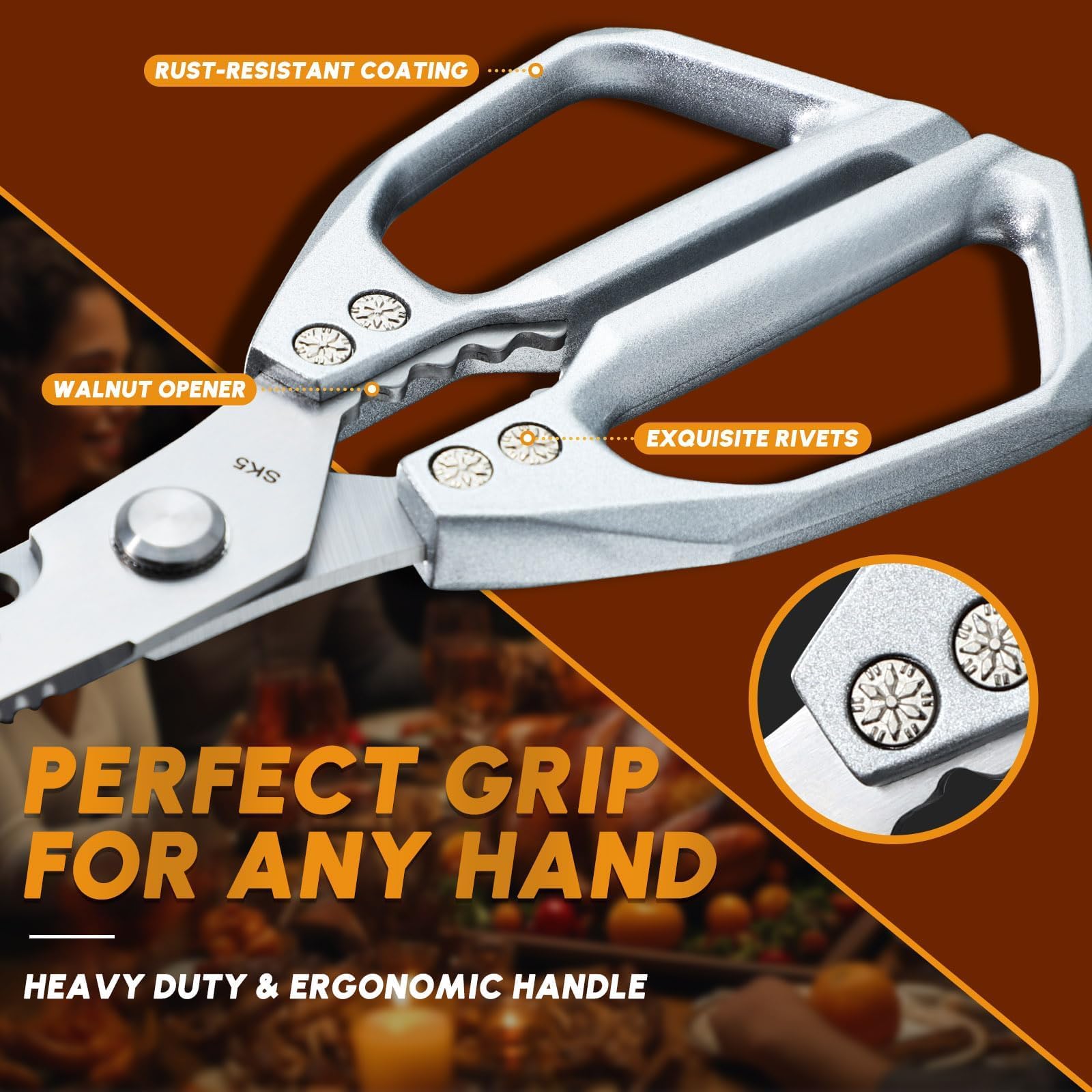 Huusk shears in use cutting chicken, faster meal prep benefit