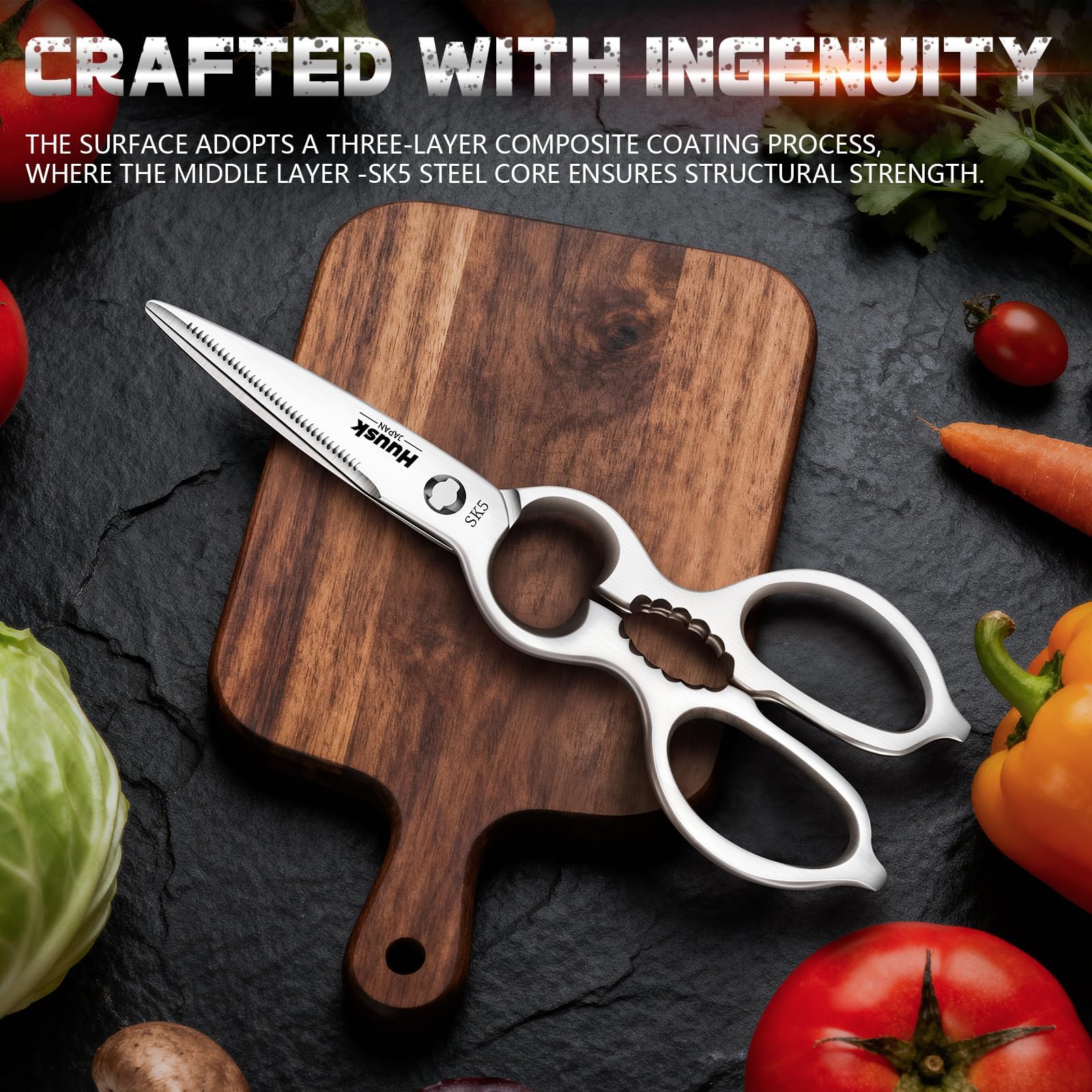 Huusk close-up of SK5 blade serration highlighting precise cutting benefit