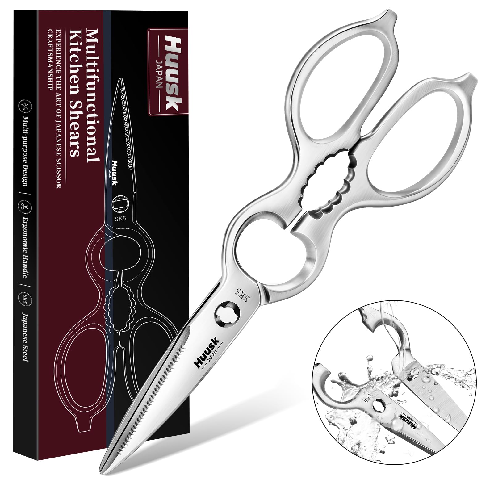 Huusk front view showing silver shears in gift box and clear presentation benefit