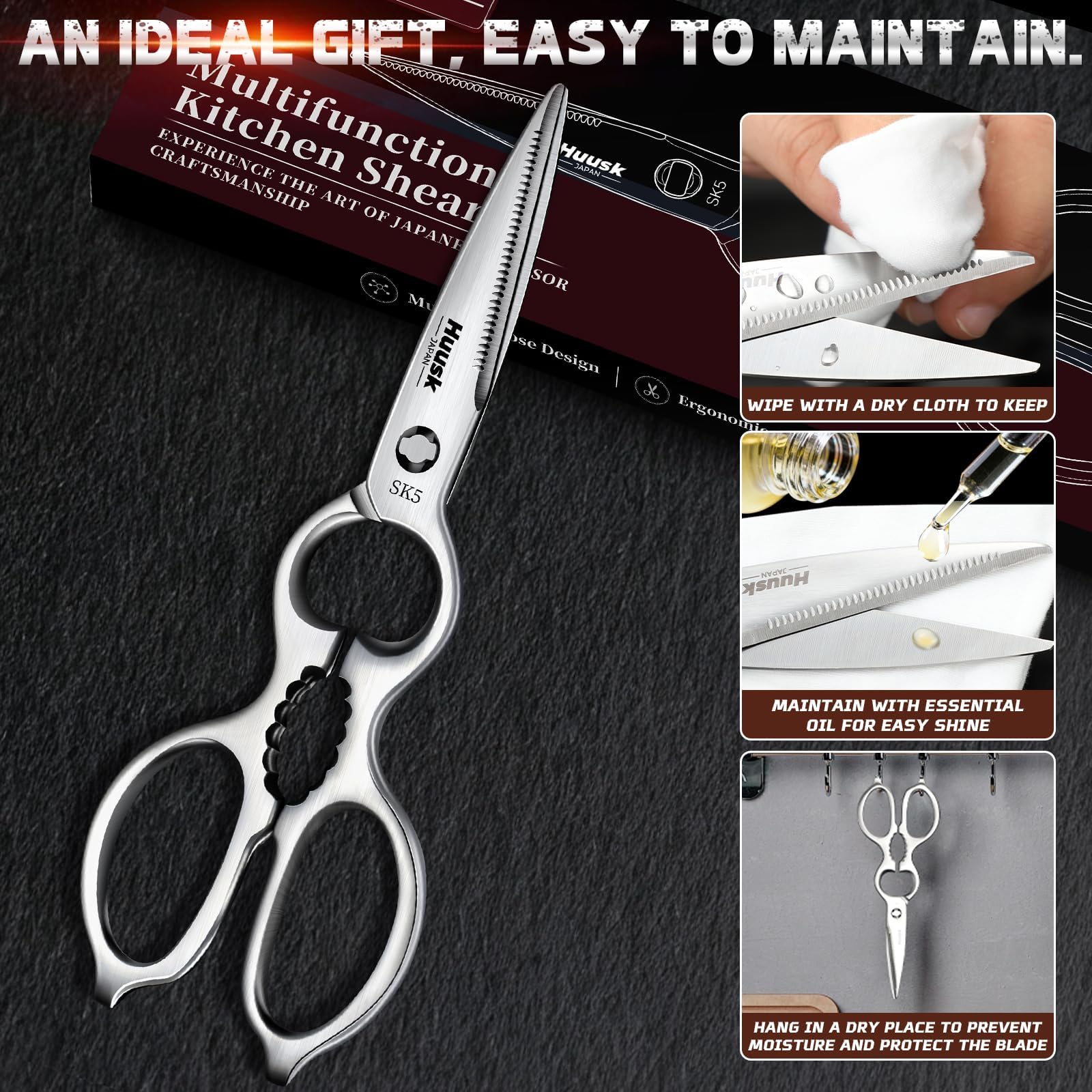 Huusk shears styled in kitchen scene with gift box indicating present-ready appeal