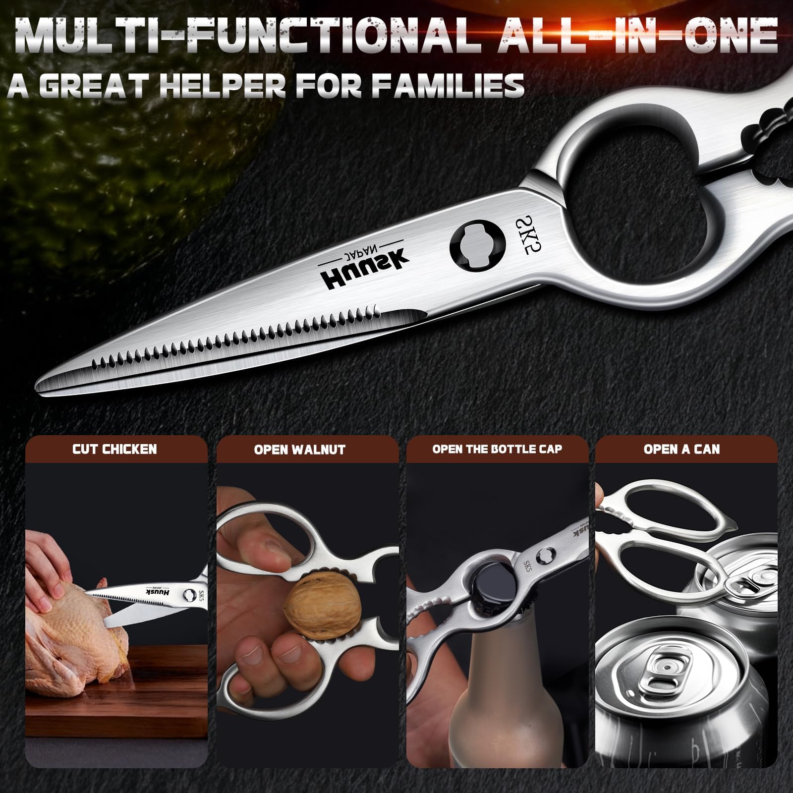 Huusk multitool features showing bottle opener and nutcracker for convenience