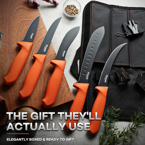 Huusk knives displayed outdoors on a hunting setup for portable convenience