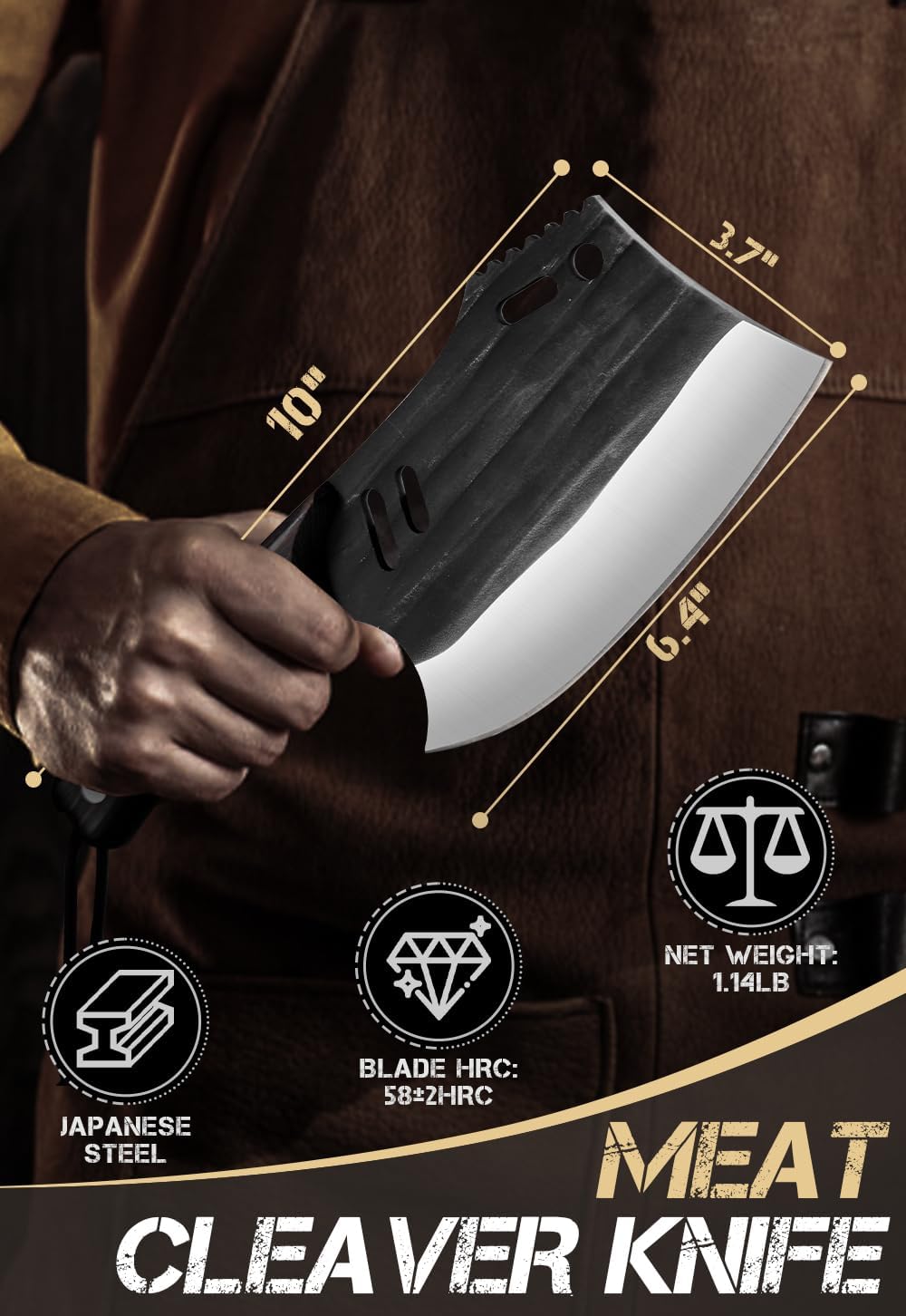 Huusk cleaver next to hand for scale demonstrating balanced size