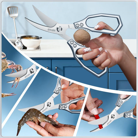 Huusk scissors in hand cutting turkey showing ergonomic grip reduces fatigue benefit