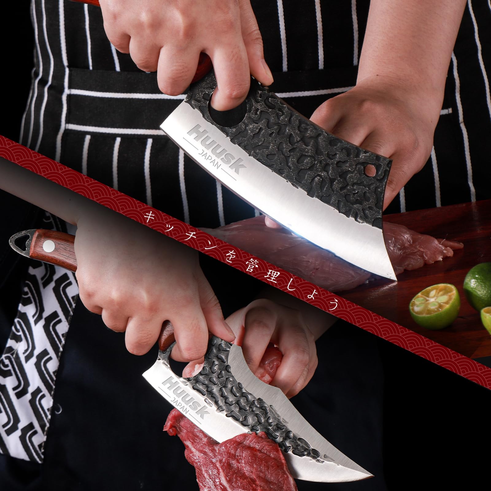 Huusk serbian chef cleaver edge close-up showing sharpness for heavy cuts
