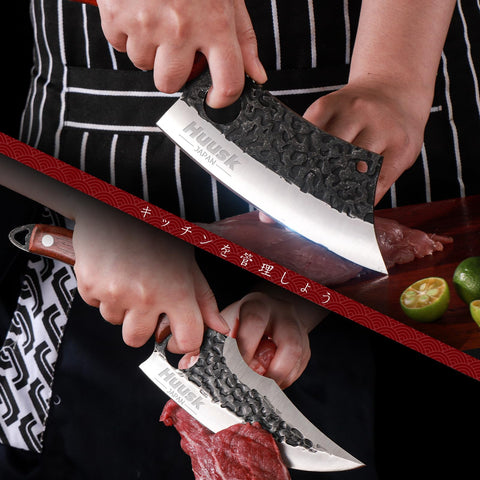 Huusk serbian chef cleaver edge close-up showing sharpness for heavy cuts