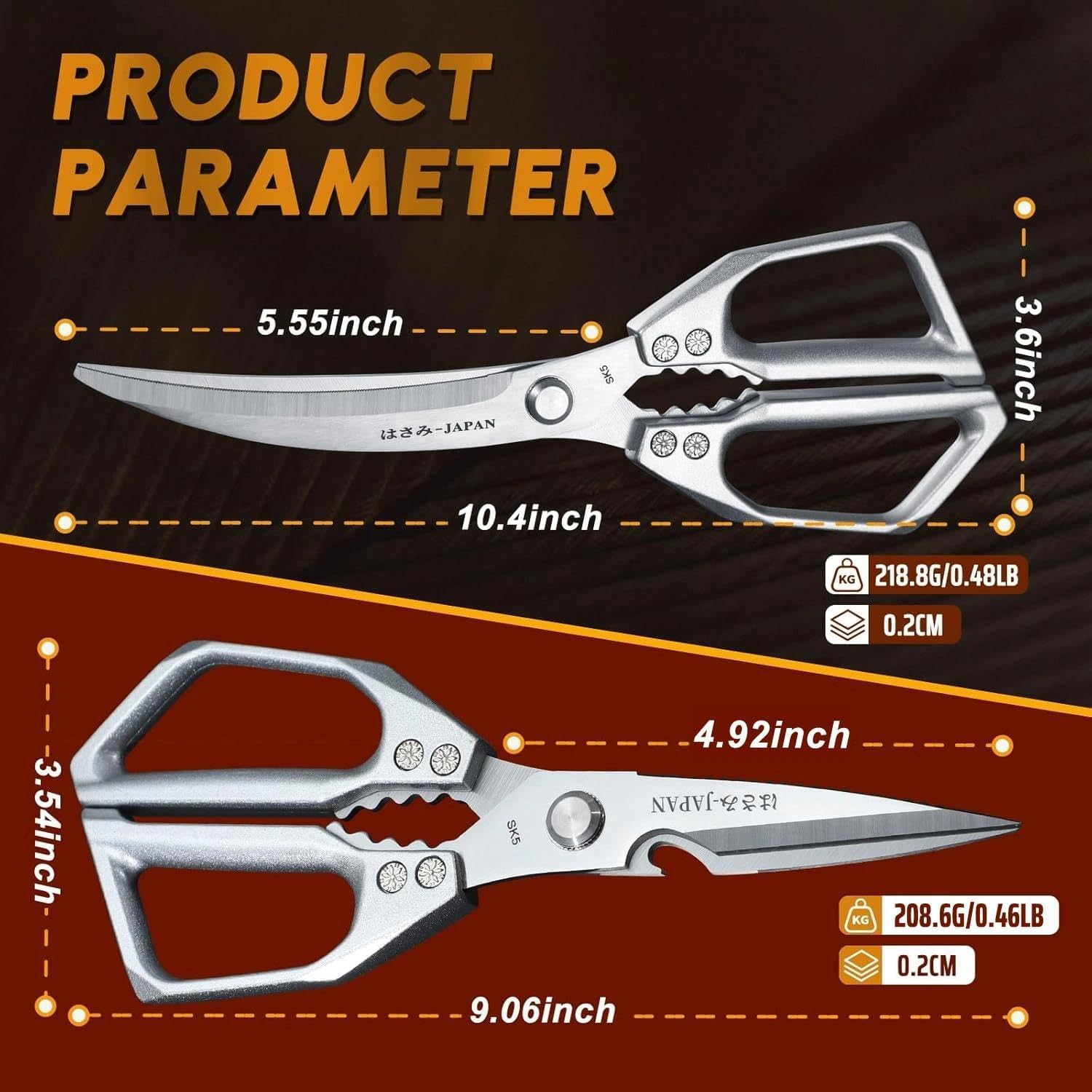 Huusk shears size compared with chef knife, clear scale for expecting buyers