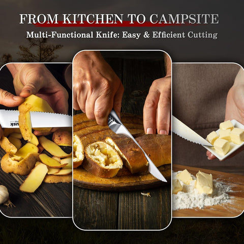 Huusk knife slicing cooked steak cleanly to show smooth, tear-free cuts