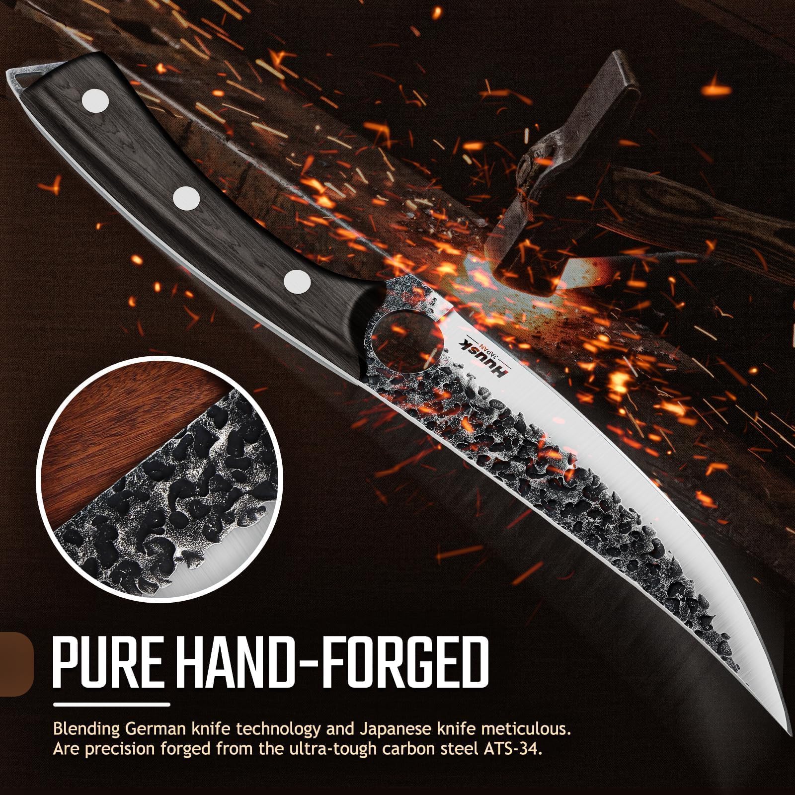 Huusk side view of ATS-34 blade finish demonstrating durable edge retention