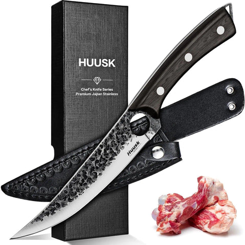 Huusk front view of 6-inch boning knife showing blade and balance benefit