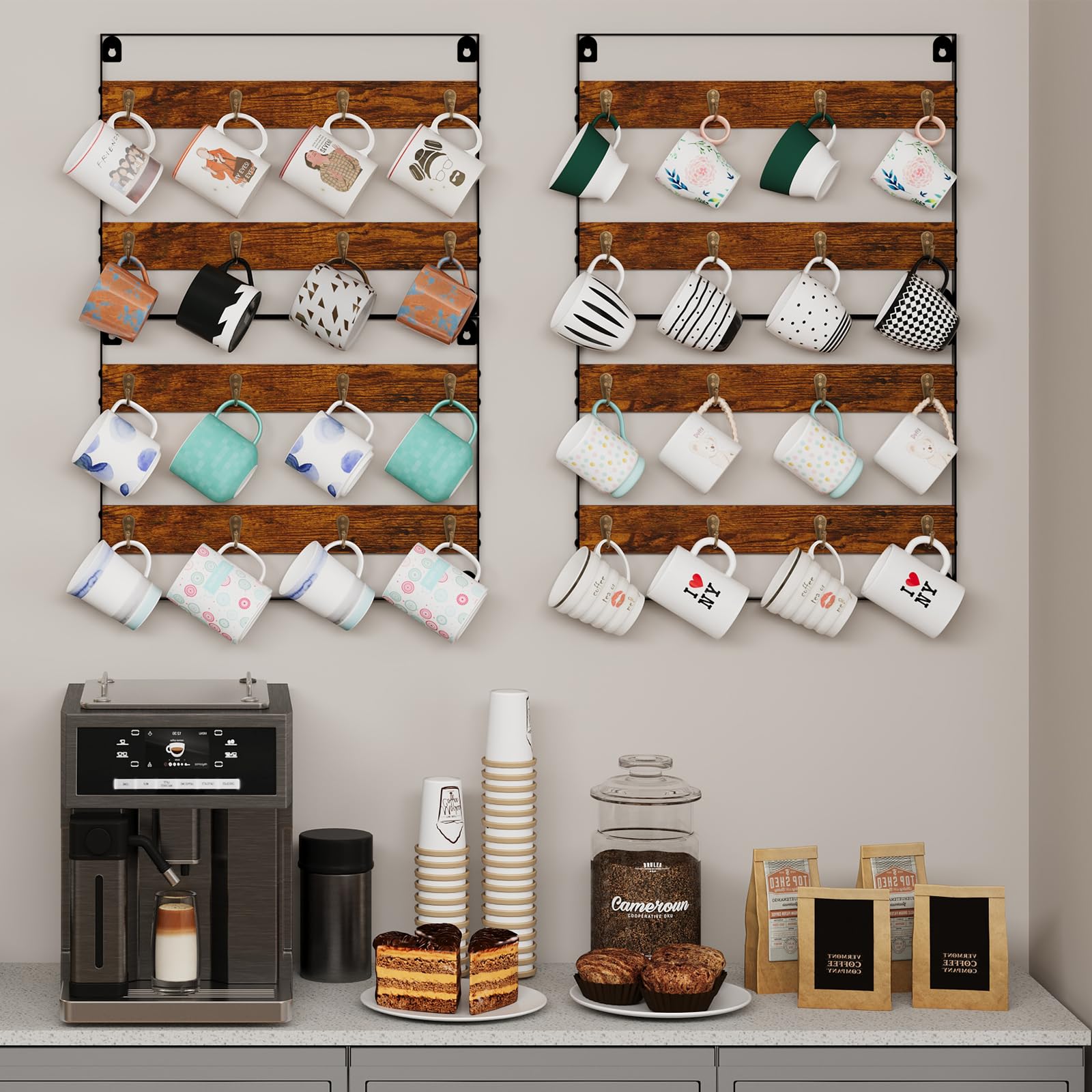 Huxitocan styled on cafe wall with mugs, creates attractive display and storage
