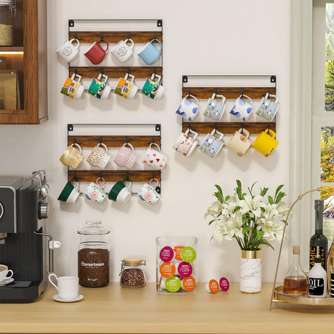 Huxitocan rack beside standard mugs, shows scale and capacity visually