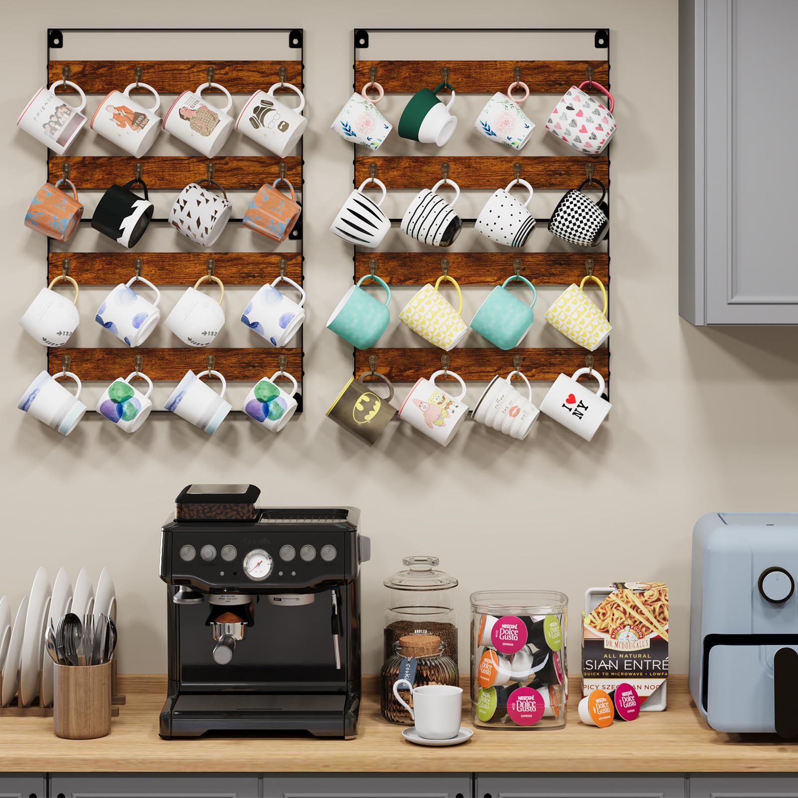 Huxitocan two-tier hooks with spacing view, reduces mug collisions and chips