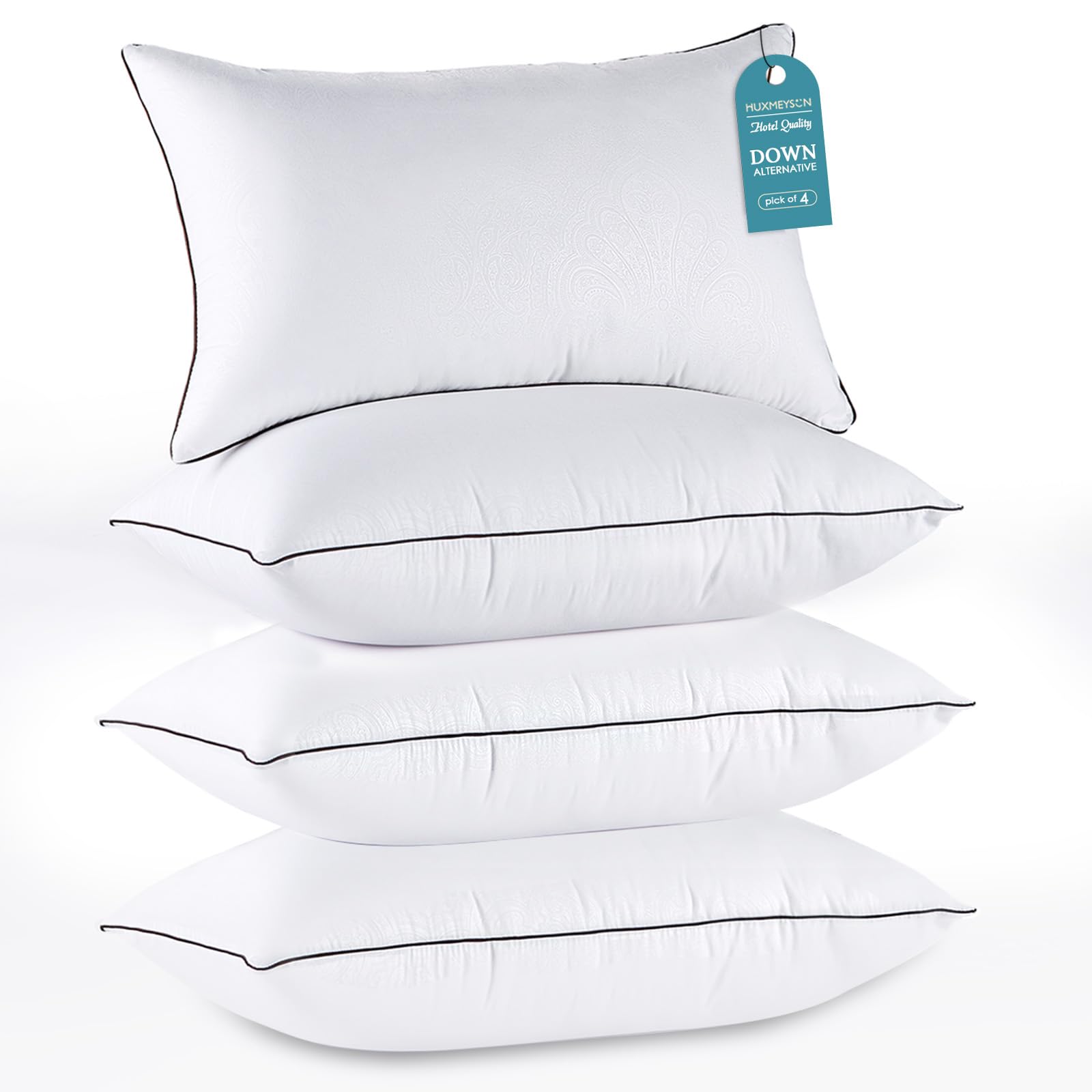 HUXMEYSON front view of four queen pillows showing plush loft and uniform support