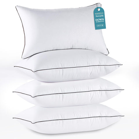 HUXMEYSON front view of four queen pillows showing plush loft and uniform support