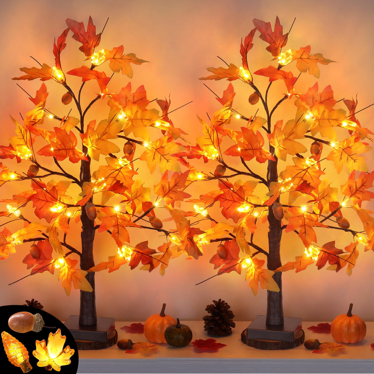 Huyamap front view of both 24-inch trees showing fall decor appeal
