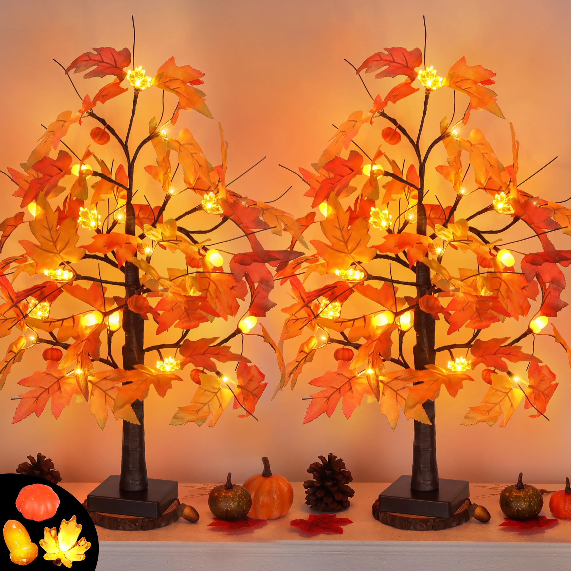 Huyamap front view of both 24-inch trees showing autumn centerpiece benefit