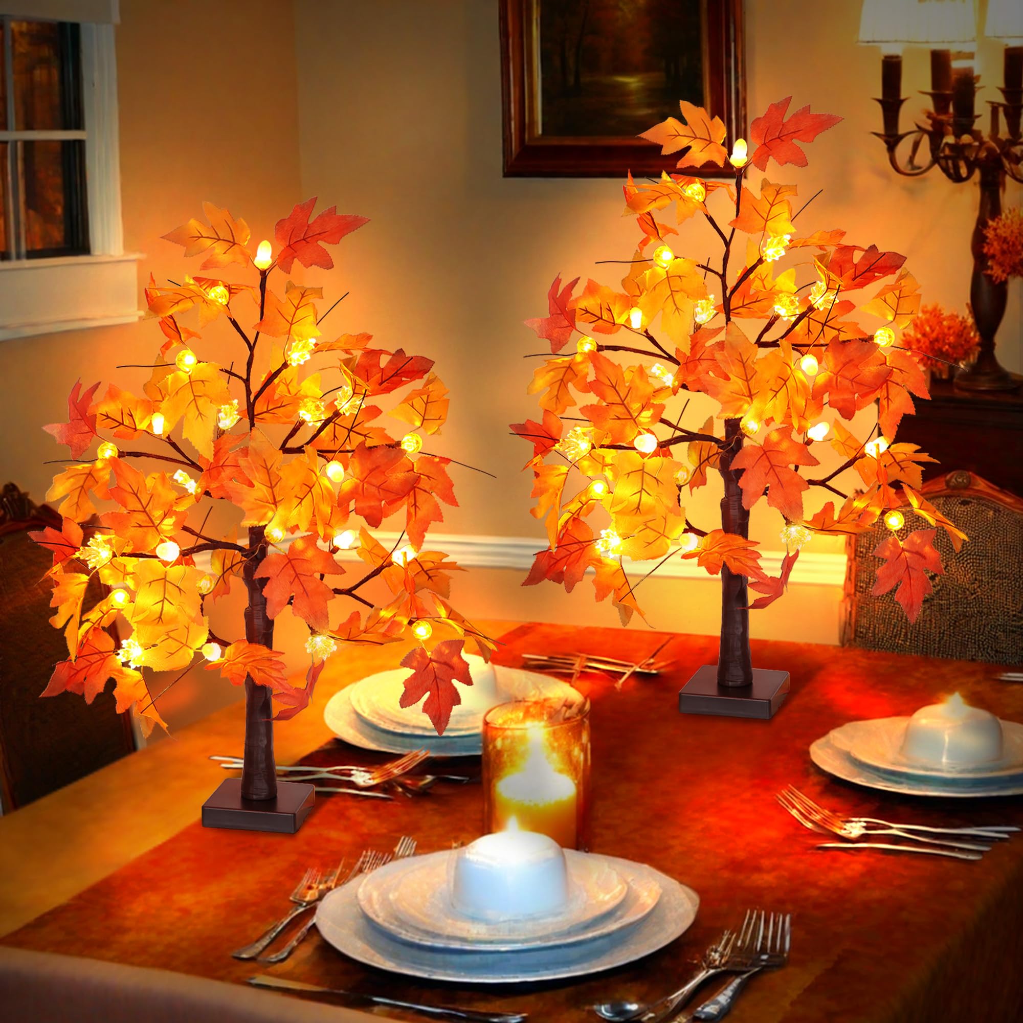 Huyamap mantle arrangement with trees adding festive fall charm and warmth