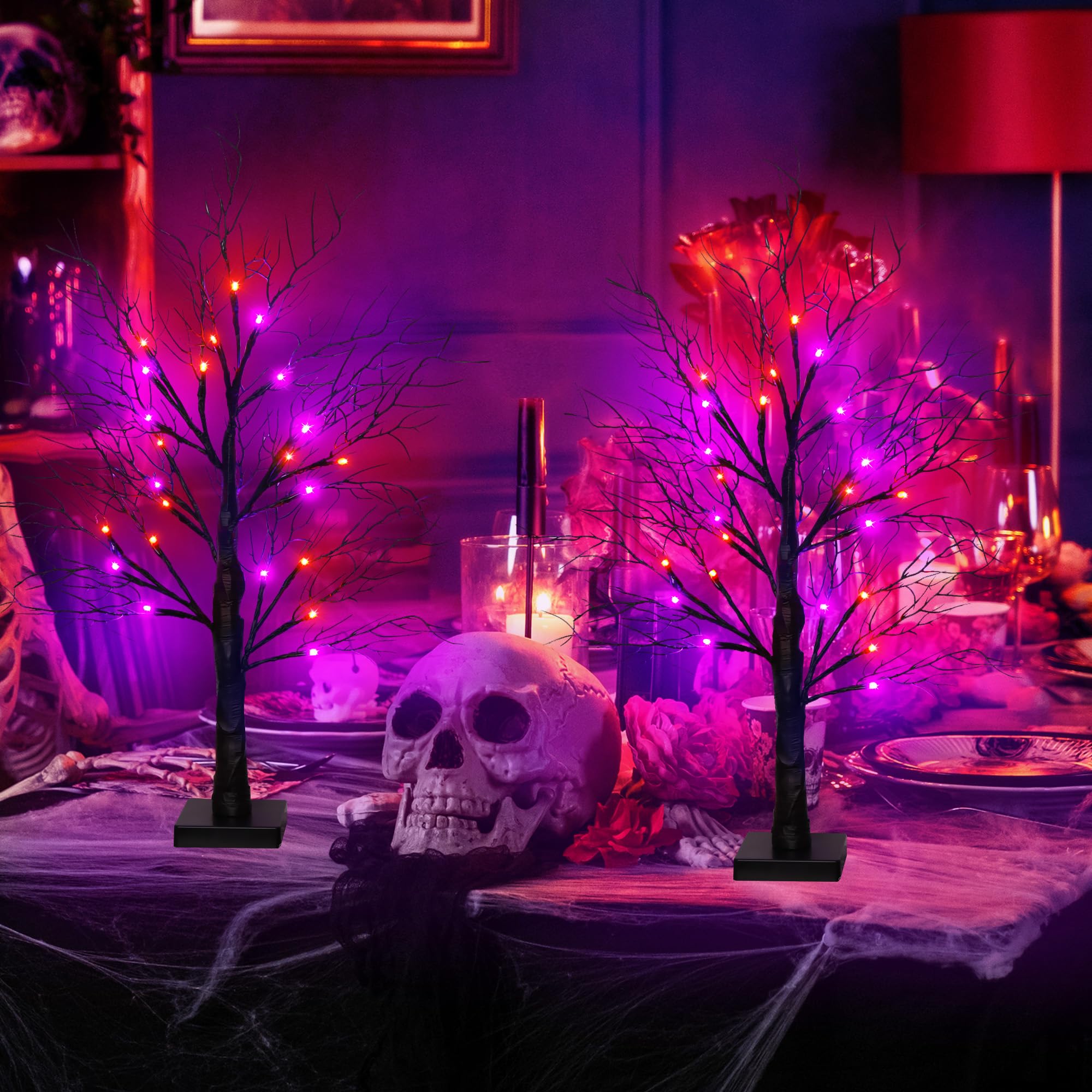 Huyamap trees on a party table among pumpkins and candles for festive styling